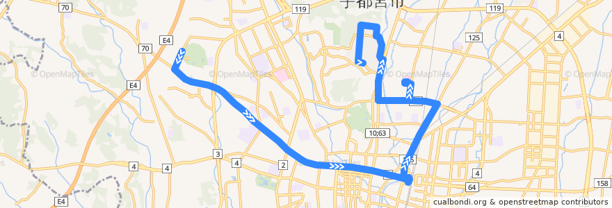 Mapa del recorrido 関東自動車バス[16] 駒生営業所⇒竹林・済生会病院⇒富士見ヶ丘団地 de la línea  en 宇都宮市.