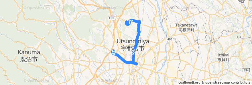 Mapa del recorrido 関東自動車バス[61] 駒生営業所⇒田原⇒宇都宮グリーンタウン de la línea  en 宇都宮市.