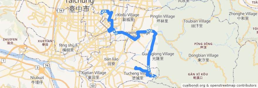 Mapa del recorrido 286路 (往崁頂_往程) de la línea  en 타이중 시.