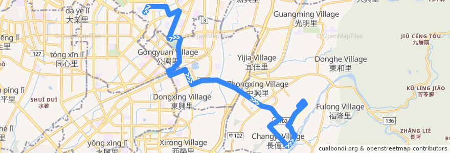 Mapa del recorrido 289路 (往台中二中) de la línea  en 臺中市.