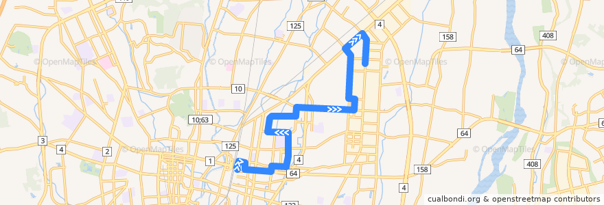 Mapa del recorrido 東野交通バス 宇都宮駅東口⇒東図書館⇒平出工業団地 de la línea  en 宇都宮市.