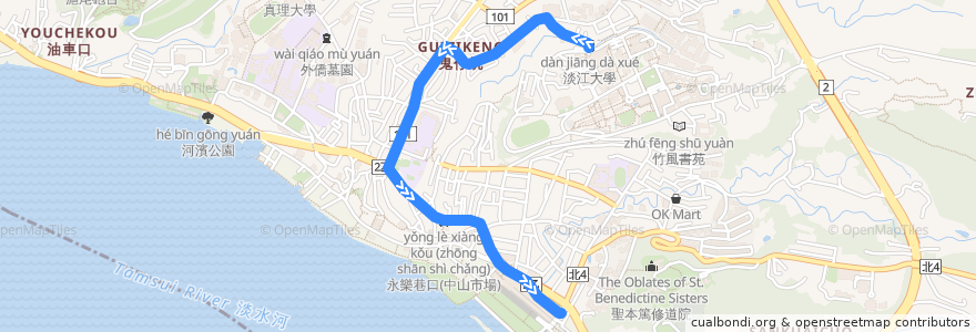 Mapa del recorrido 新北市 紅27 淡江大學-捷運淡水站 (往程) de la línea  en Tamsui.