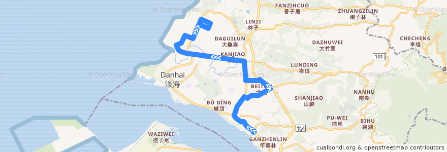 Mapa del recorrido 新北市 紅37 捷運淡水站-淡海新市鎮 (返程) de la línea  en Tamsui.