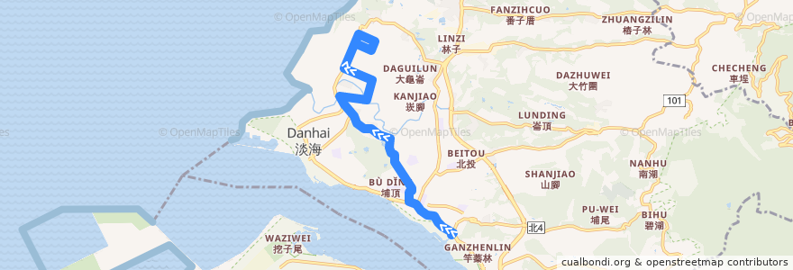Mapa del recorrido 新北市 紅38 捷運淡水站-淡海新市鎮 (返程) de la línea  en 淡水區.
