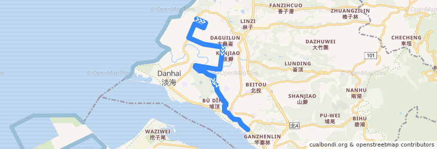Mapa del recorrido 新北市 紅51 淡海新市鎮-捷運淡水站 (往程) de la línea  en 淡水區.