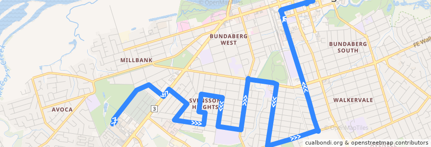 Mapa del recorrido Sugarland to City servicing Svensson Heights de la línea  en Bundaberg Region.