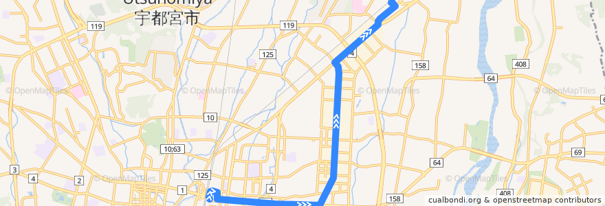 Mapa del recorrido 関東自動車バス[平出シャトル] 宇都宮駅東口⇒陽東三丁目⇒岡本駅 de la línea  en 宇都宮市.