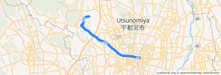Mapa del recorrido 関東自動車バス[45] 宇都宮駅⇒立岩 de la línea  en Utsunomiya.