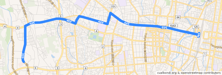 Mapa del recorrido 宇都宮駅⇒砥上車庫 de la línea  en 宇都宮市.