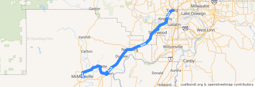 Mapa del recorrido Bus 46S: McMinnville => Tigard Transit Center de la línea  en Oregon.