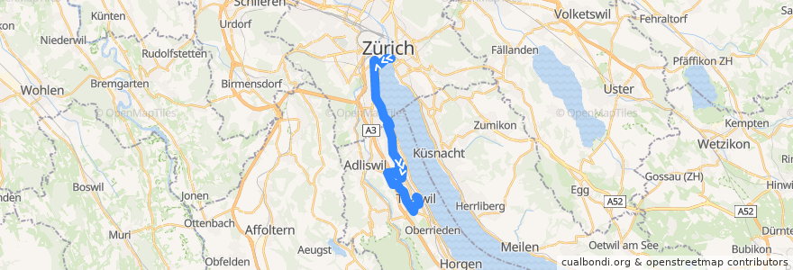 Mapa del recorrido Bus N15: Bellevue → Thalwil de la línea  en Zürich.