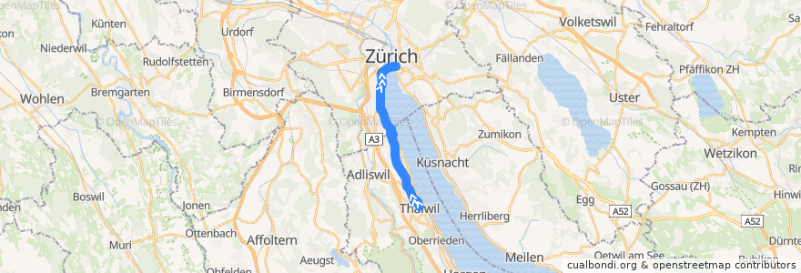Mapa del recorrido Bus N15: Thalwil → Bellevue de la línea  en Zürich.