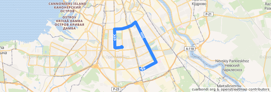 Mapa del recorrido Трамвай № 45: станция метро «Купчино» => проспект Юрия Гагарина de la línea  en サンクト ペテルブルク.