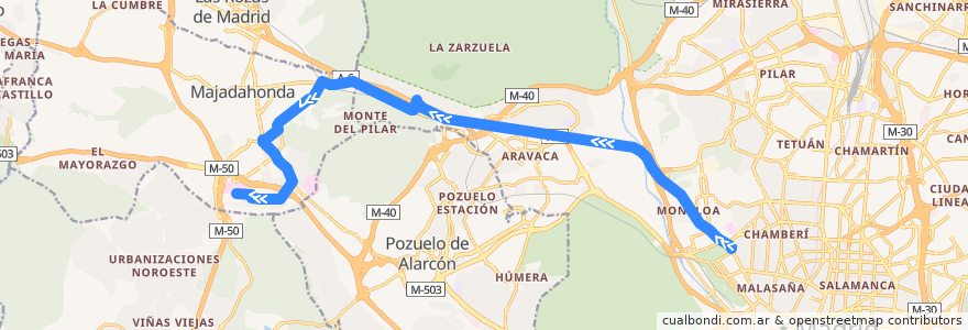Mapa del recorrido Bus 653: Madrid (Moncloa) → Majadahonda (Hospital) Por FFCC de la línea  en Comunidad de Madrid.