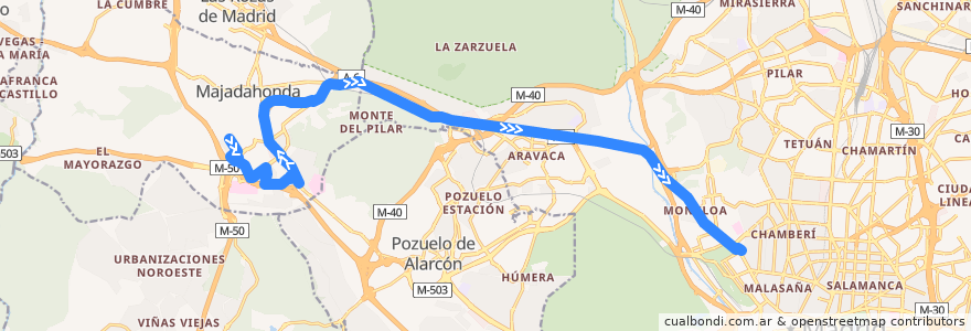 Mapa del recorrido Bus 654: Majadahonda (Los Negrillos) → Madrid (Moncloa) de la línea  en Comunidad de Madrid.