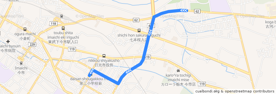 Mapa del recorrido 市営住宅⇒第三小学校 de la línea  en Nikkō.