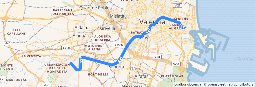 Mapa del recorrido Línia 7: Marítim - Serrería => Torrent Avinguda de la línea  en فالنسيا.