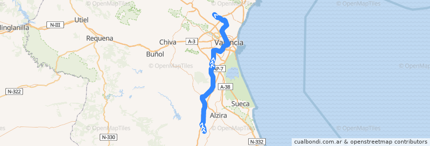 Mapa del recorrido Línia 1: Villanueva de Castellón => Bétera de la línea  en València / Valencia.