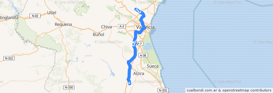 Mapa del recorrido Línia 1: Bétera => Villanueva de Castellón de la línea  en فالنسيا.