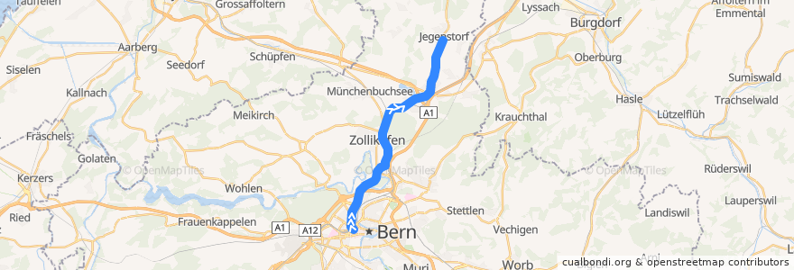 Mapa del recorrido S8: Bern RBS => Jegenstorf de la línea  en Bern-Mittelland administrative district.
