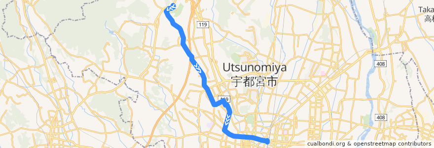 Mapa del recorrido 関東自動車バス[01] ろまんちっく村⇒仁良塚⇒宇都宮駅 de la línea  en 宇都宮市.