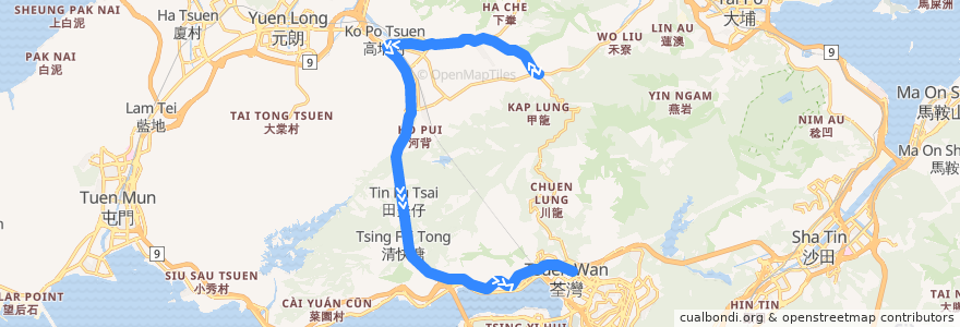 Mapa del recorrido 九巴251M線 KMB 251M (上村 Sheung Tsuen → 荃灣站 Tsuen Wan Station) de la línea  en 香港 Hong Kong.