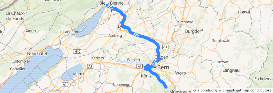 Mapa del recorrido S3: Biel/Bienne => Belp de la línea  en 伯尔尼 / 伯恩 / 伯爾尼.
