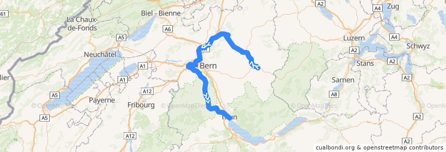 Mapa del recorrido S4: Langnau i.E. => Thun de la línea  en 伯尔尼 / 伯恩 / 伯爾尼.