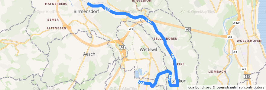 Mapa del recorrido Bus 227: Bonstetten-Wettswil, Bahnhof => Birmensdorf, Bahnhof (NVZ) de la línea  en Zürich.