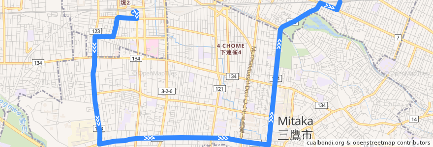 Mapa del recorrido Bus 吉01 武蔵境駅南口->吉祥寺駅中央口 de la línea  en 東京都.