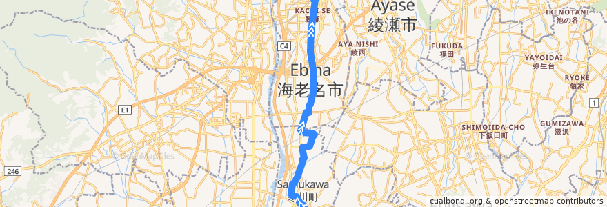 Mapa del recorrido 海73 東今里経由 海老名駅東口行 de la línea  en 神奈川県.