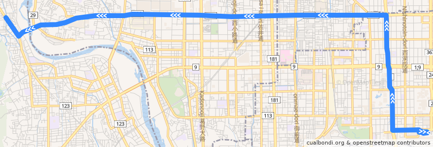 Mapa del recorrido バス: 28: 京都駅前 => 大覚寺 de la línea  en 京都市.