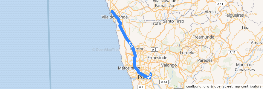 Mapa del recorrido Linha B: Estádio do Dragão => Póvoa de Varzim de la línea  en بورتو.