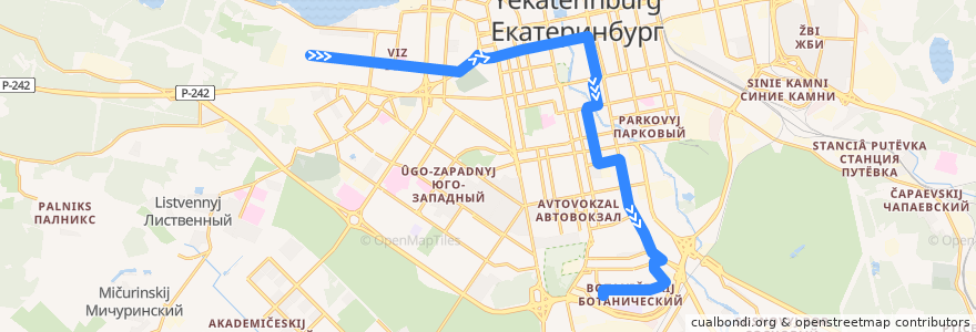 Mapa del recorrido Автобус 2. Радиотехникум – Ботаническая de la línea  en городской округ Екатеринбург.