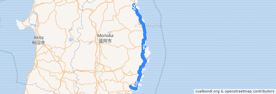 Mapa del recorrido 三陸鉄道リアス線 久慈 => 盛 de la línea  en Иватэ.