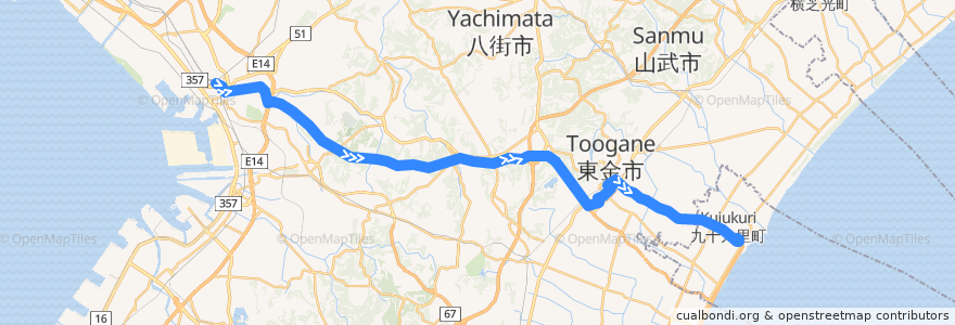 Mapa del recorrido 九十九里ライナー　JR千葉駅⇒片貝駅 de la línea  en Prefectura de Chiba.
