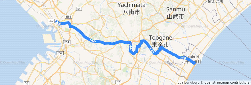 Mapa del recorrido 九十九里ライナー　JR千葉駅⇒片貝駅 de la línea  en Тиба.