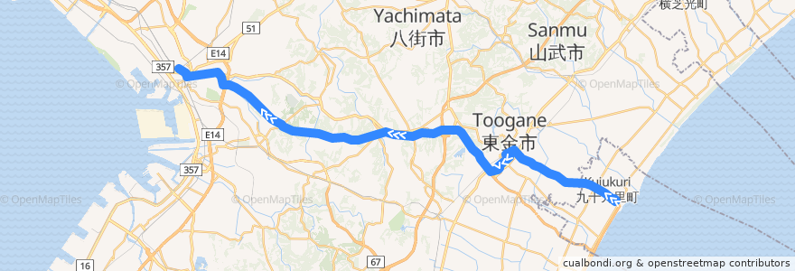 Mapa del recorrido 九十九里ライナー　片貝駅⇒JR千葉駅 de la línea  en Тиба.
