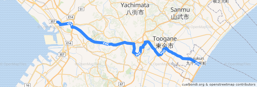 Mapa del recorrido 九十九里ライナー　片貝駅⇒JR千葉駅 de la línea  en Тиба.