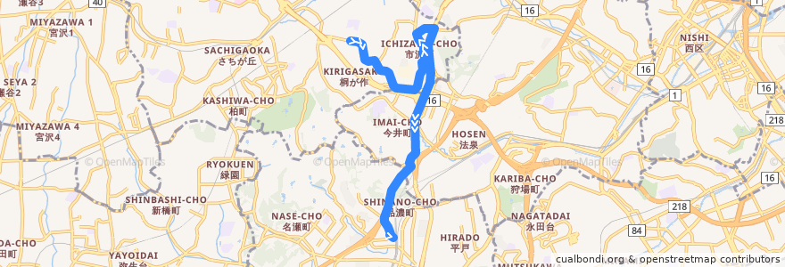 Mapa del recorrido 旭6 左近山第1→東戸塚駅西口 de la línea  en Yokohama.
