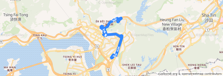 Mapa del recorrido Bus 32M (Kwai Fong Railway Station ↺ Cheung Shan) de la línea  en Hong Kong.