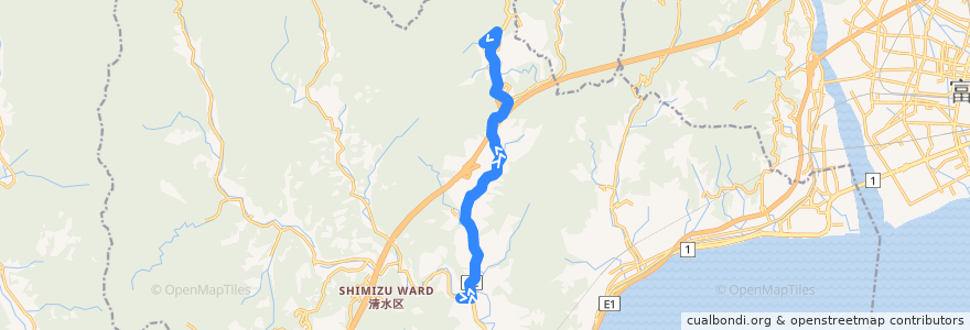 Mapa del recorrido 宍原系統 de la línea  en Shimizu Ward.