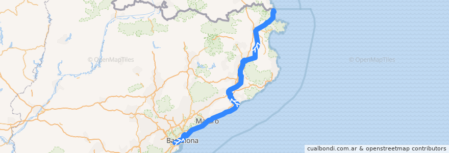 Mapa del recorrido RG1: L'Hospitalet de Llobregat - Portbou de la línea  en Cataluña.