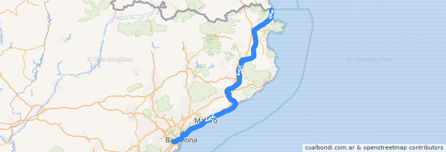 Mapa del recorrido RG1: Portbou - L'Hospitalet de Llobregat de la línea  en Cataluña.