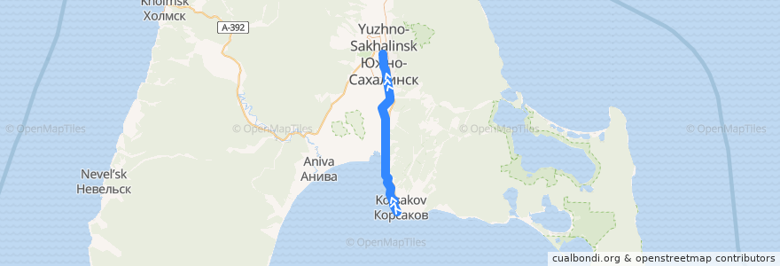 Mapa del recorrido Поезд № 6021: Пять Углов — Южно-Сахалинск de la línea  en Oblast Sachalin.