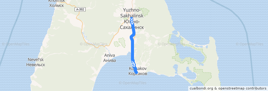 Mapa del recorrido Поезд № 6022: Южно-Сахалинск — Пять Углов de la línea  en Oblast' di Sachalin.