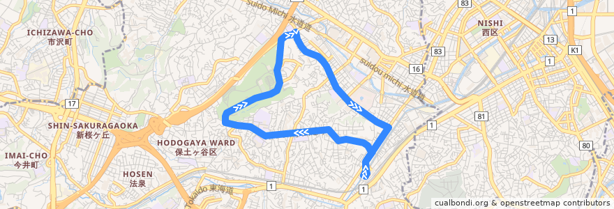 Mapa del recorrido 25系統 保土ヶ谷駅西口→(桜ヶ丘循環)→保土ヶ谷駅西口 de la línea  en 保土ヶ谷区.