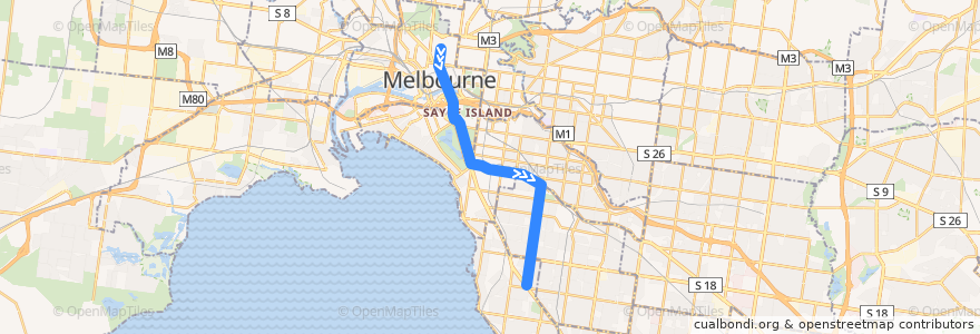 Mapa del recorrido Tram 64: Melbourne University => East Brighton de la línea  en メルボルン.