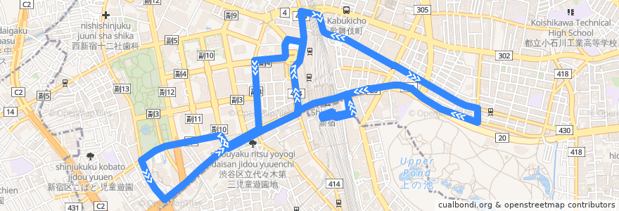 Mapa del recorrido 新宿御苑ルート de la línea  en Shinjuku.