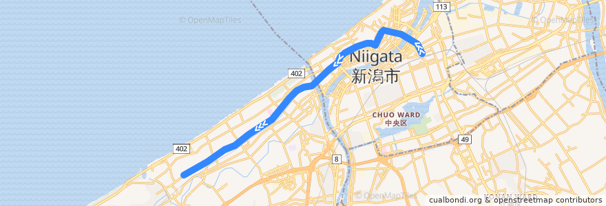 Mapa del recorrido 西小針線　新潟駅前→西小針→新潟大学→内野営業所 de la línea  en 新潟市.